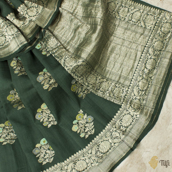 Dark Green Pure Tussar Georgette Silk Banarasi Handloom Saree - Tilfi