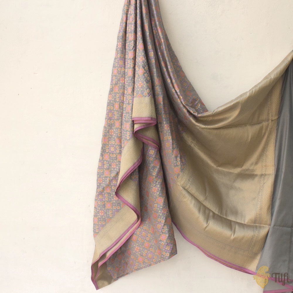 Grey Pure Katan Silk Banarasi Handloom Patola Saree