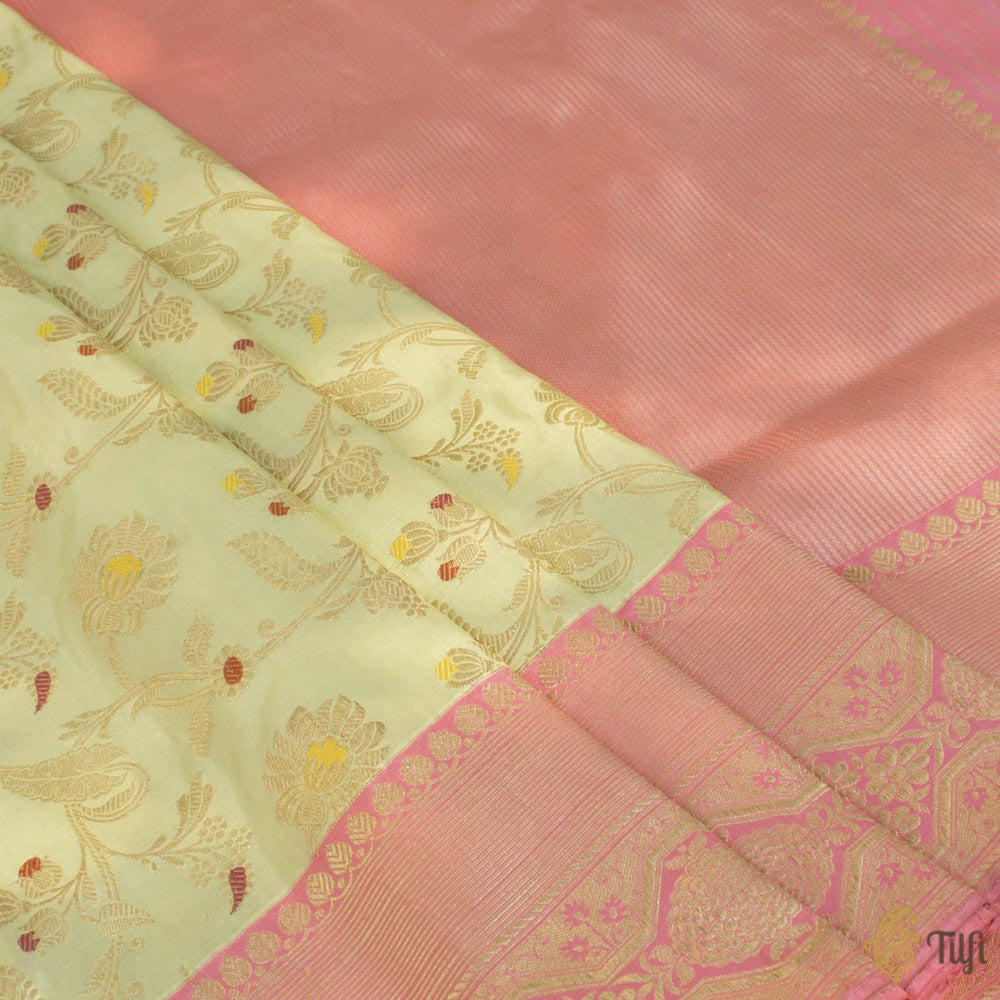 Light Pista Green-Pink Pure Katan Silk Banarasi Handloom Saree