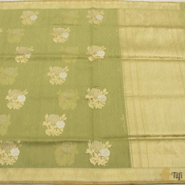 Sage Green Pure Kora Linen Banarasi Handloom Saree - Tilfi
