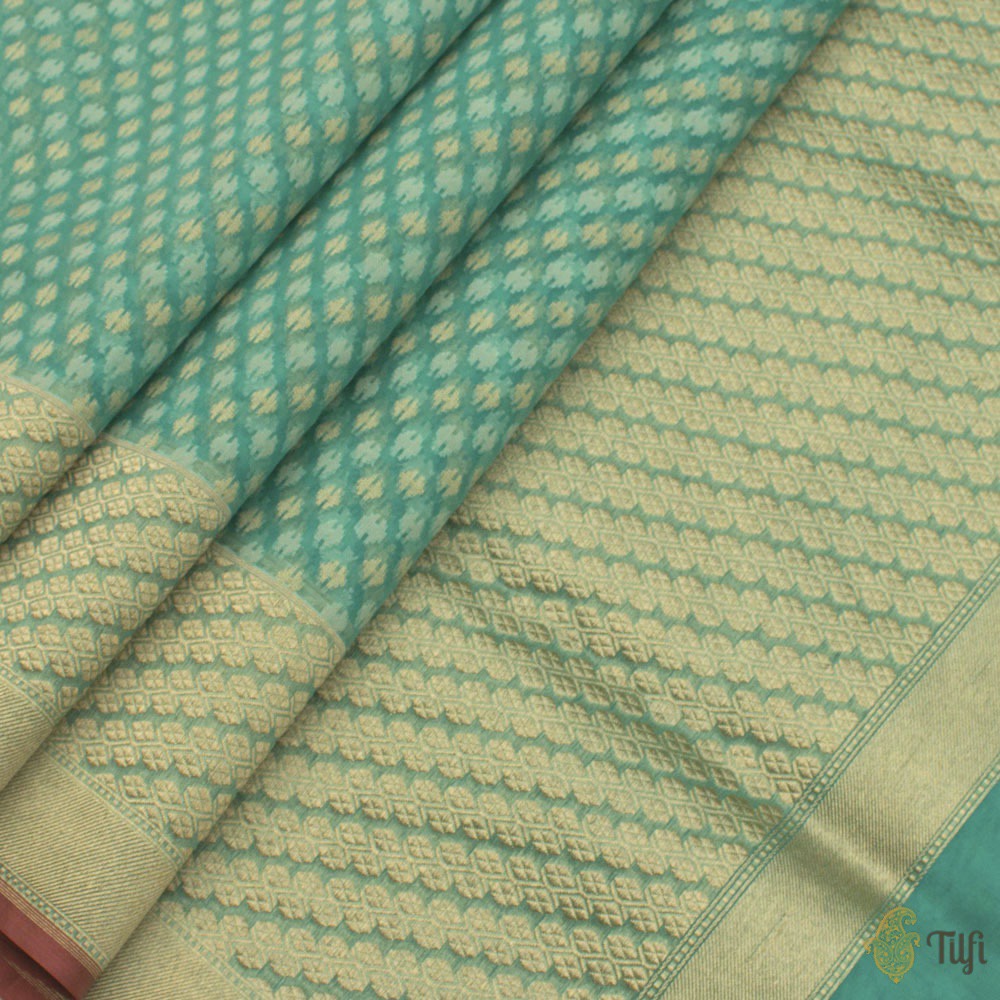 Turquoise Pure Kora Silk by Cotton Banarasi Handloom Saree