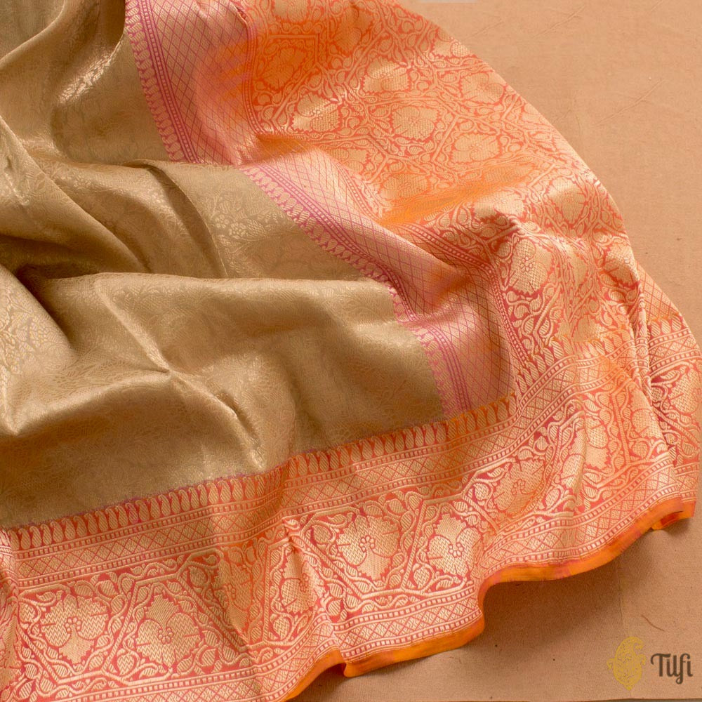 Beige Pure Katan Silk Banarasi Handloom Saree