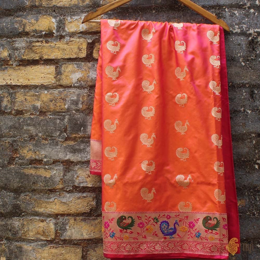 Orange-Gulabi Pink Pure Katan Silk Banarasi Paithani Handloom Saree