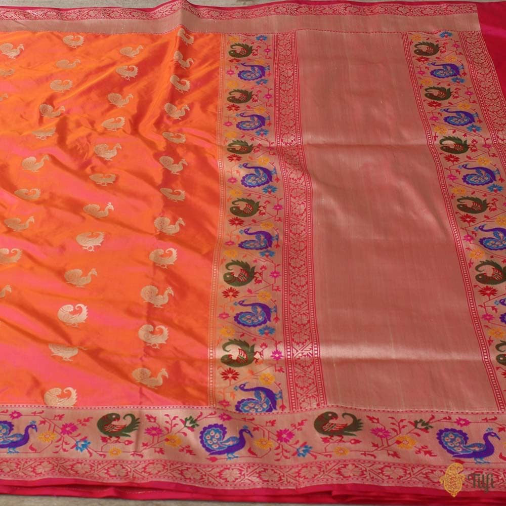 Orange-Gulabi Pink Pure Katan Silk Banarasi Paithani Handloom Saree