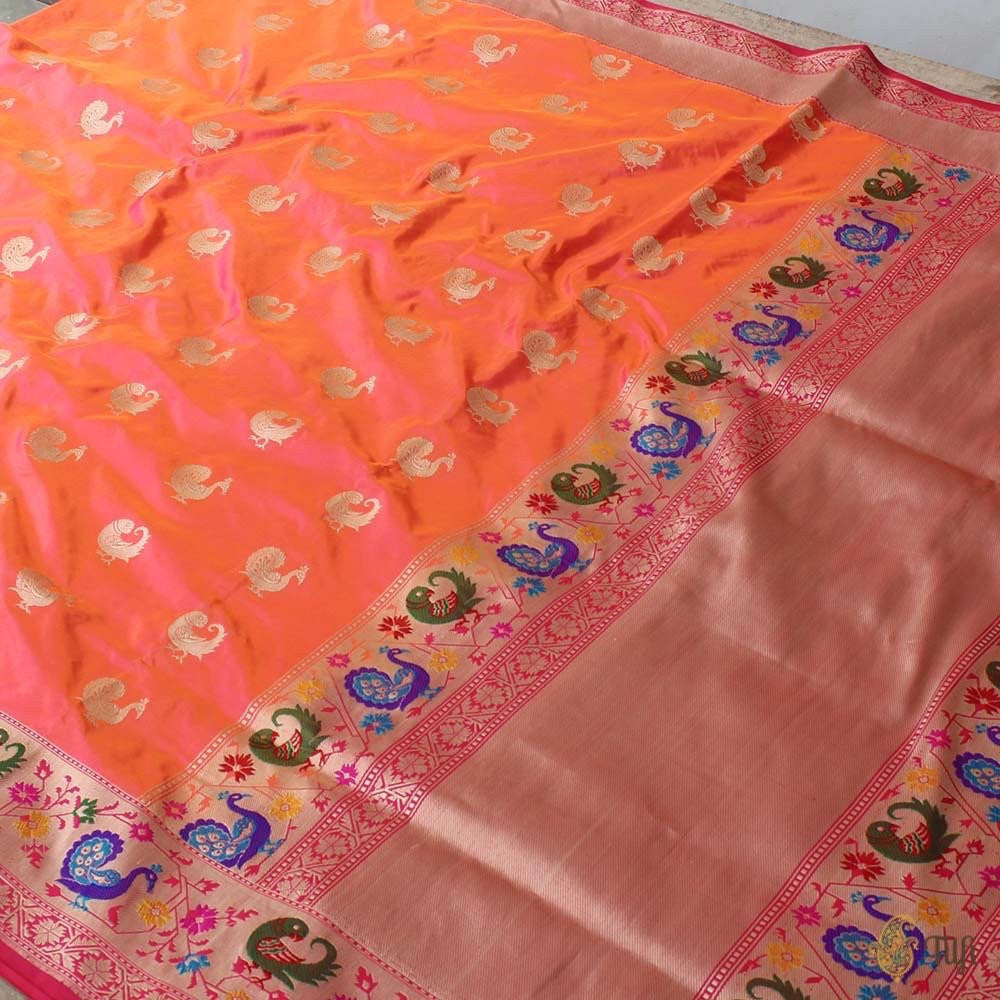 Orange-Gulabi Pink Pure Katan Silk Banarasi Paithani Handloom Saree