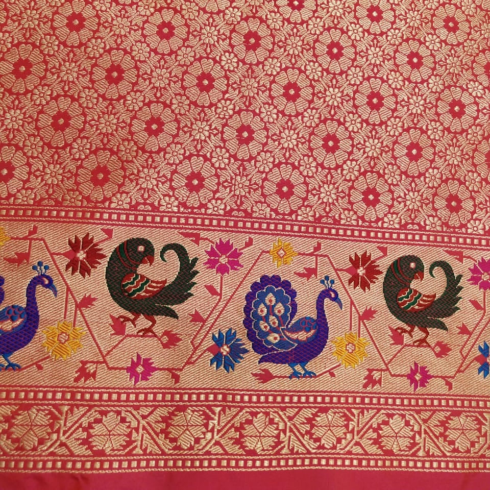 Orange-Gulabi Pink Pure Katan Silk Banarasi Paithani Handloom Saree