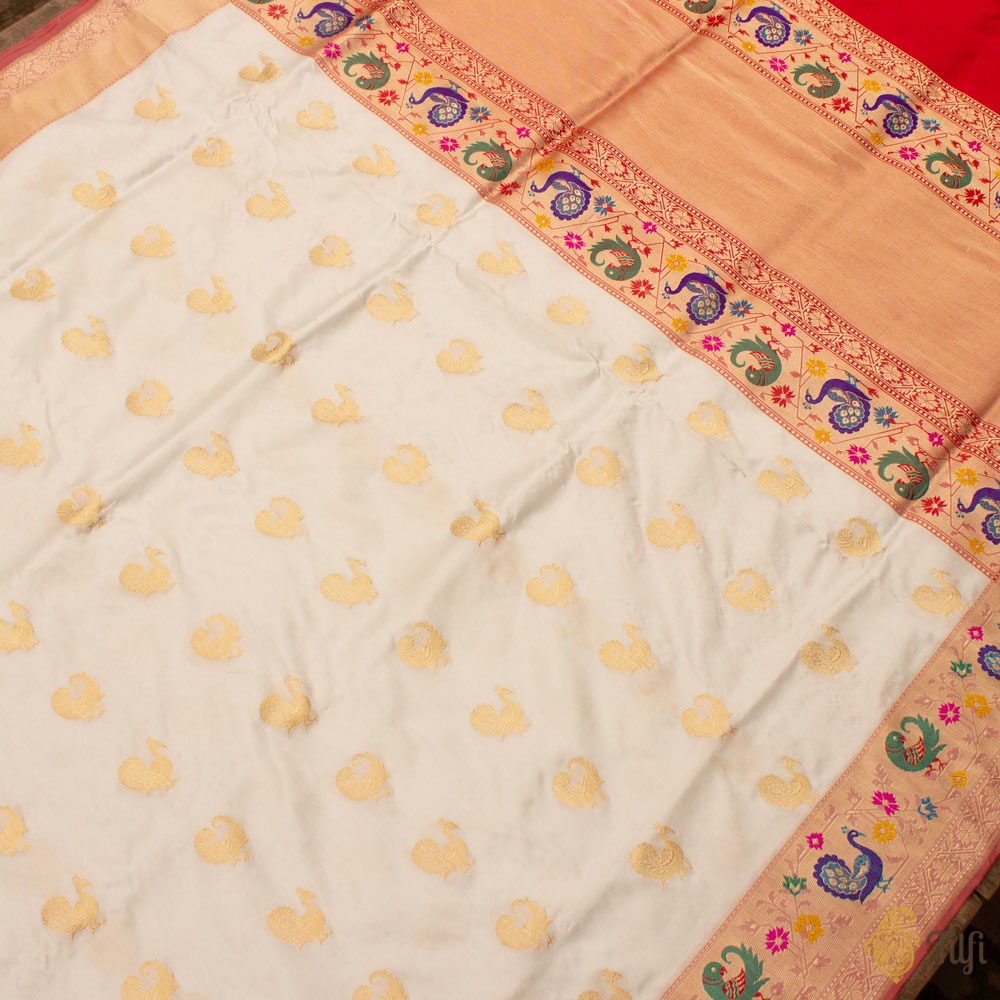 White-Red Pure Katan Silk Banarasi Paithani Handloom Saree