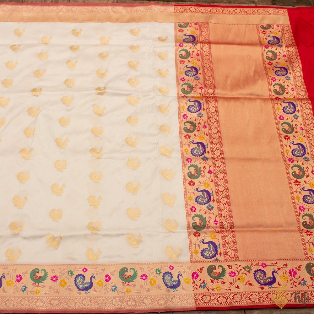 White-Red Pure Katan Silk Banarasi Paithani Handloom Saree