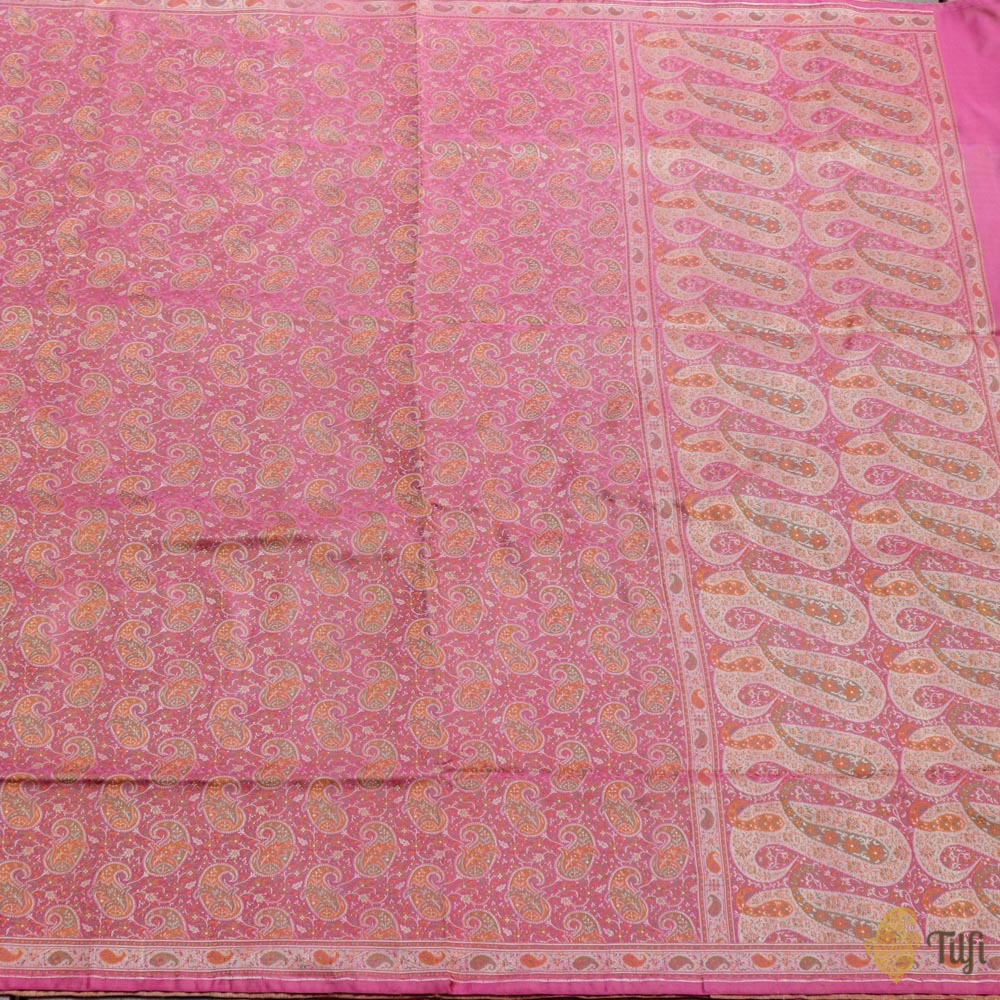 Pink Pure Soft Satin Silk Tanchoi Jamawar Banarasi Handloom Saree - Tilfi