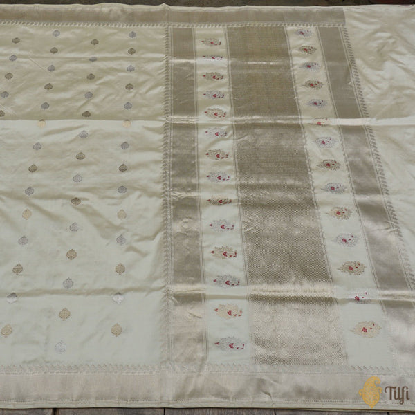 Off-White Pure Katan Silk Banarasi Handloom Saree - Tilfi