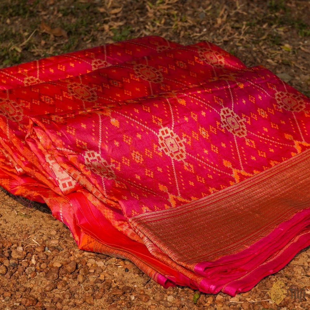 Orange-Pink Pure Katan Silk Banarasi Handloom Patola Saree