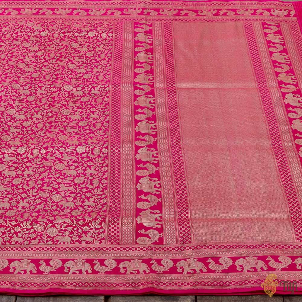 Rani Pink-Red Pure Katan Silk Banarasi Shikargah Handloom Saree