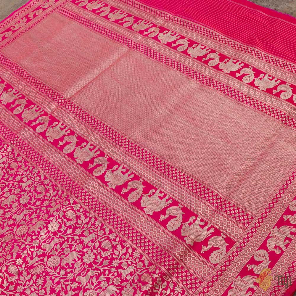 Rani Pink-Red Pure Katan Silk Banarasi Shikargah Handloom Saree
