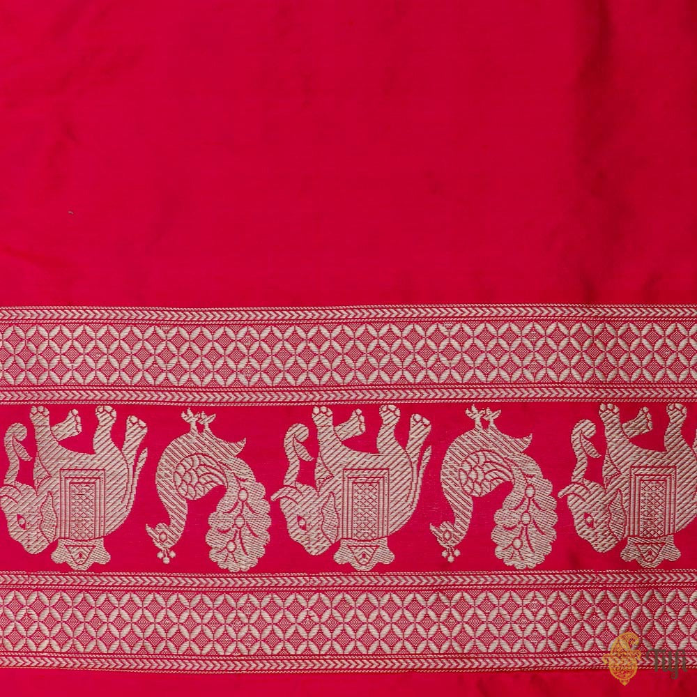 Rani Pink-Red Pure Katan Silk Banarasi Shikargah Handloom Saree