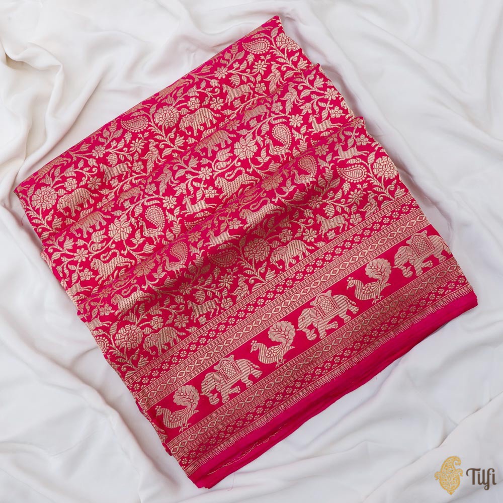 Rani Pink-Red Pure Katan Silk Banarasi Shikargah Handloom Saree