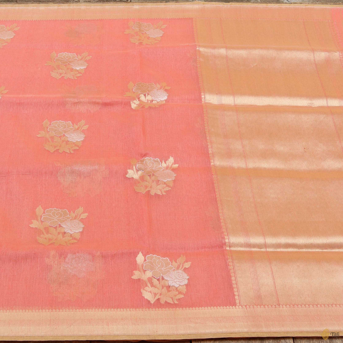 Coral Peach Pure Kora Linen Banarasi Handloom Saree