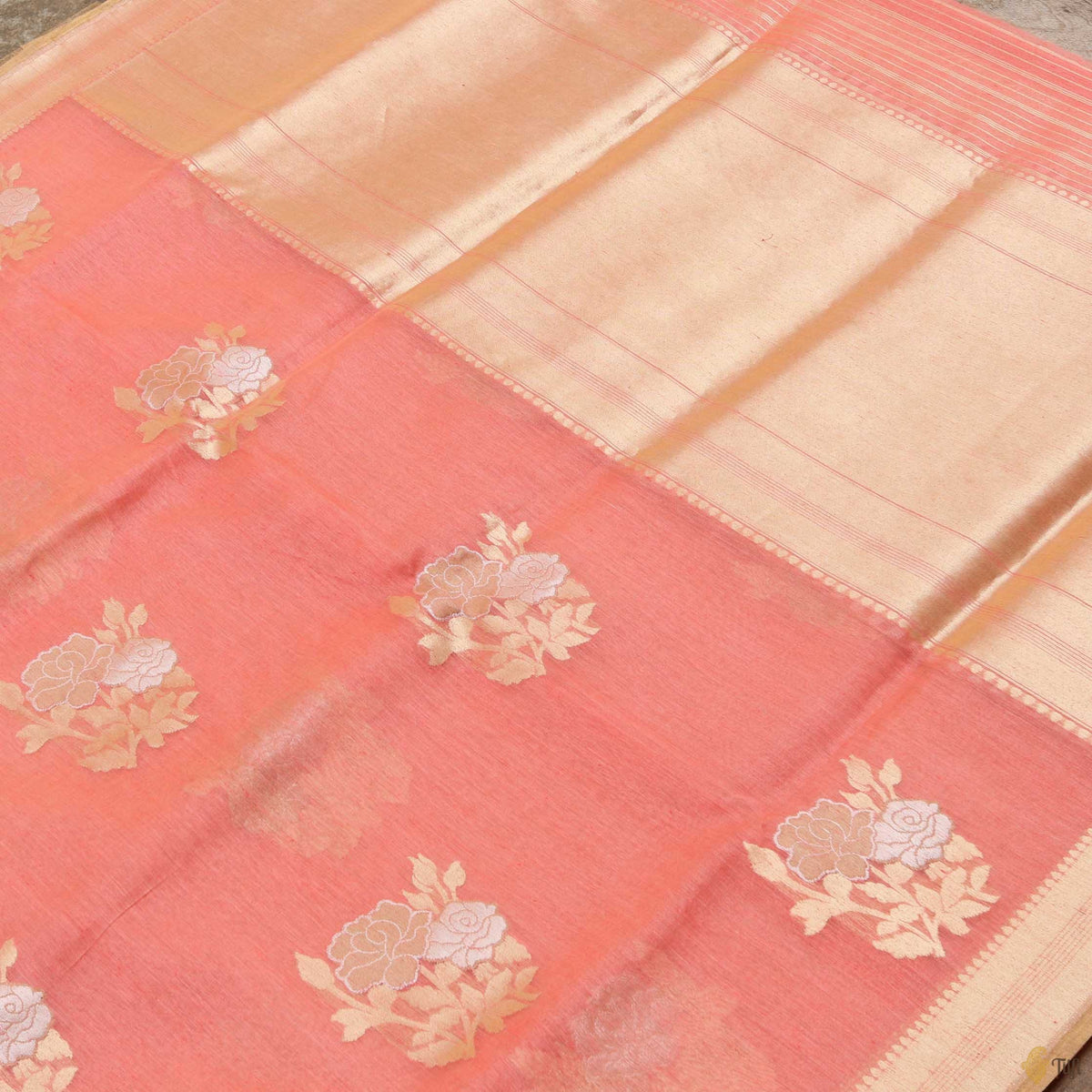 Coral Peach Pure Kora Linen Banarasi Handloom Saree