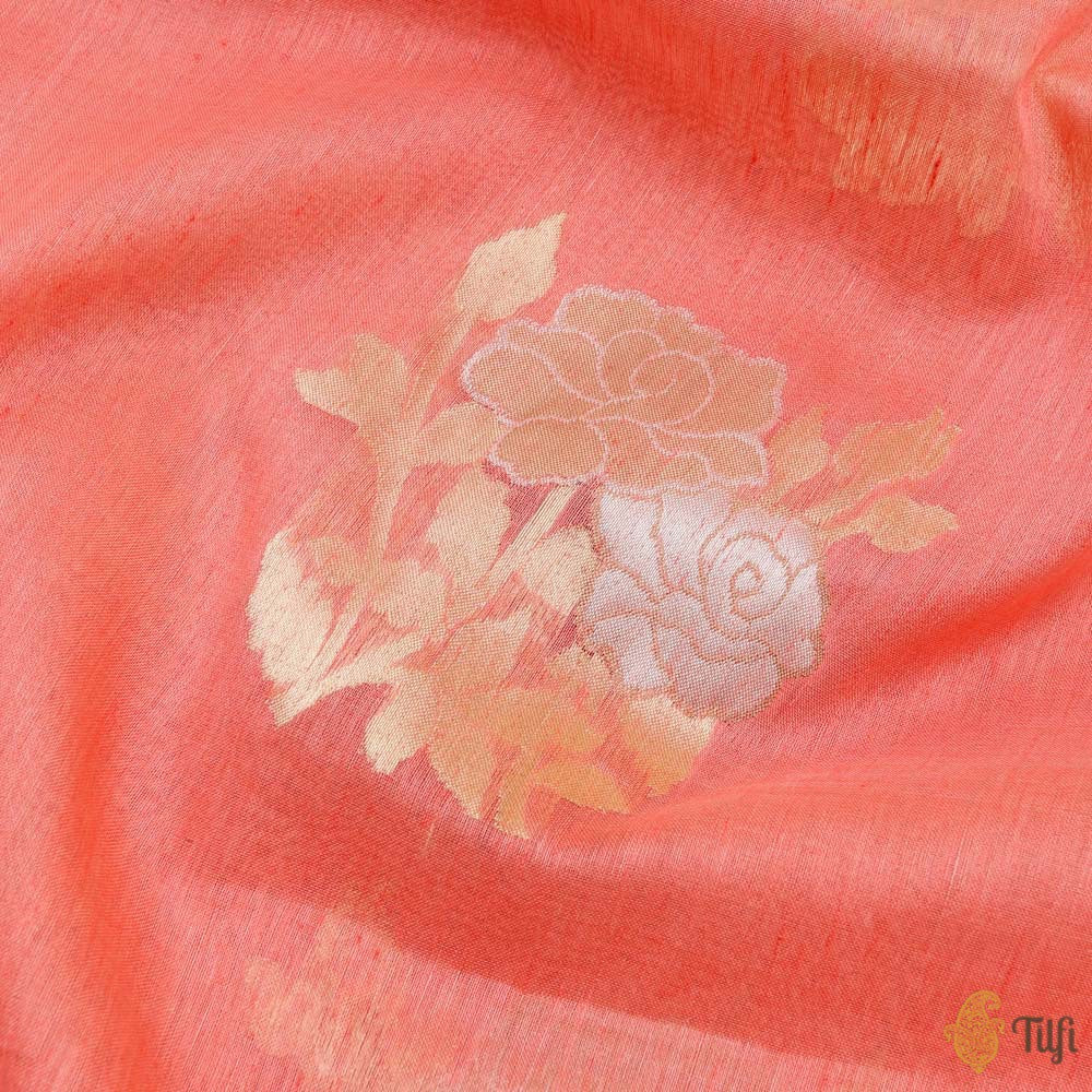 Coral Peach Pure Kora Linen Banarasi Handloom Saree