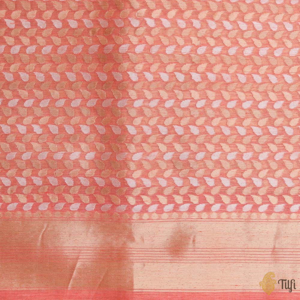 Coral Peach Pure Kora Linen Banarasi Handloom Saree