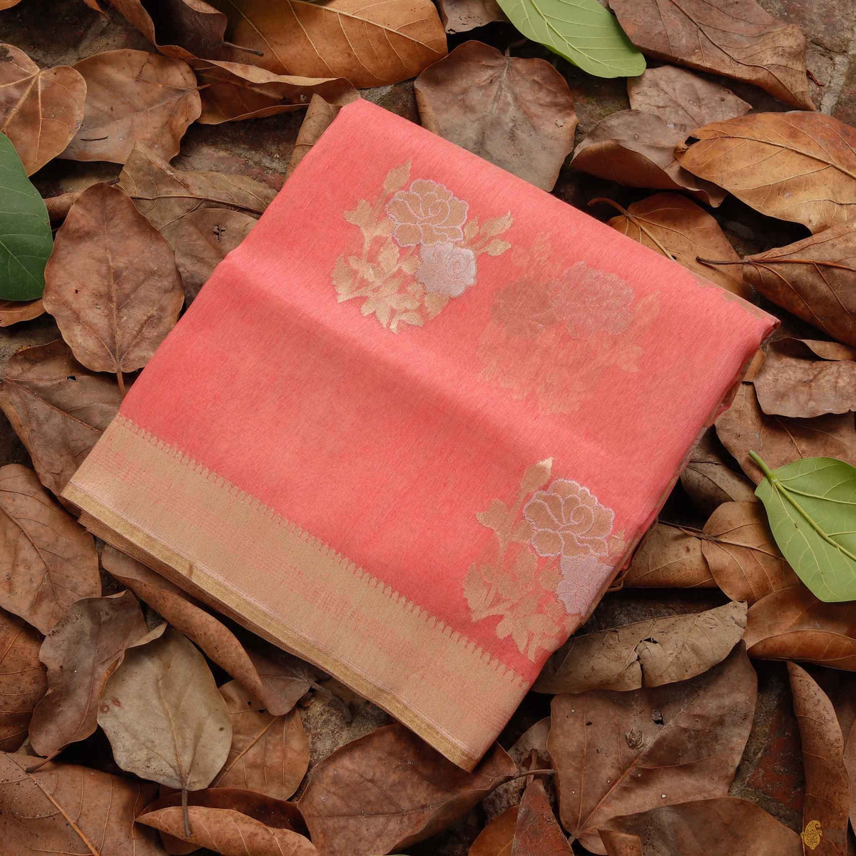 Coral Peach Pure Kora Linen Banarasi Handloom Saree