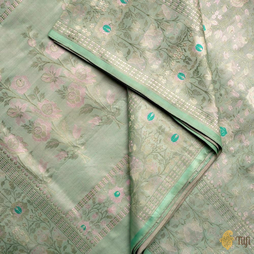 Sage Green Pure Soft Satin Silk Banarasi Handloom Saree