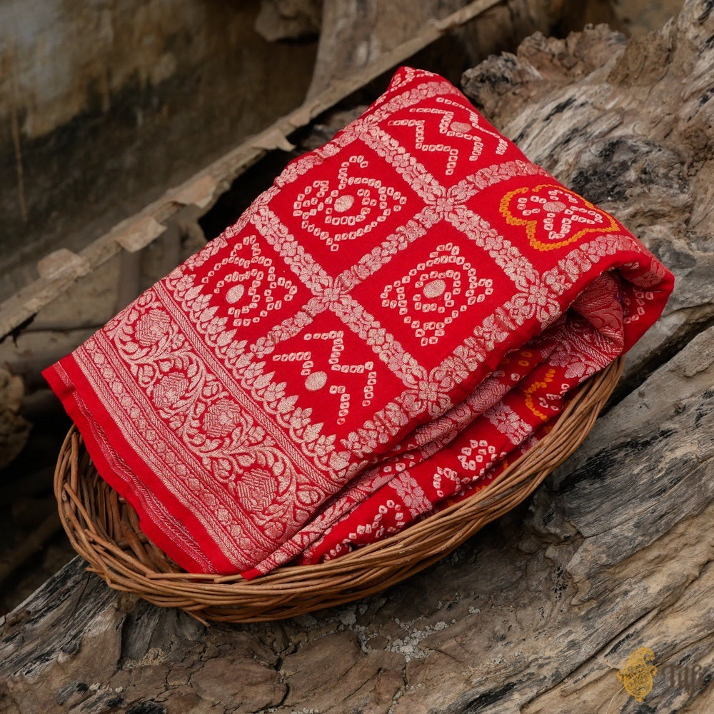 Red Pure Georgette Banarasi Bandhani Handloom Saree