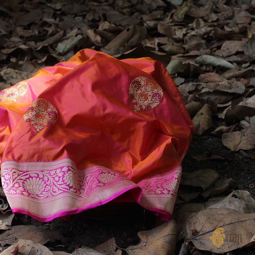 Orange-Gulabi Pink Pure Katan Silk Banarasi Handloom Saree
