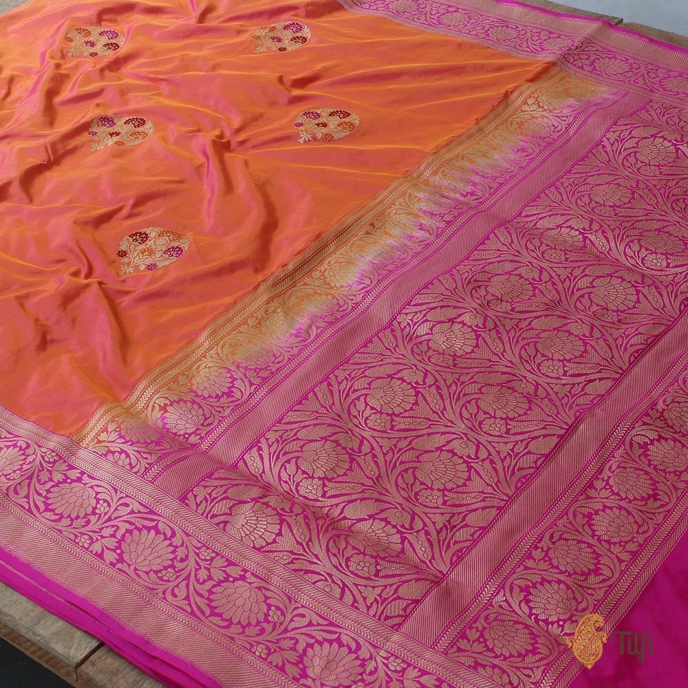 Orange-Gulabi Pink Pure Katan Silk Banarasi Handloom Saree