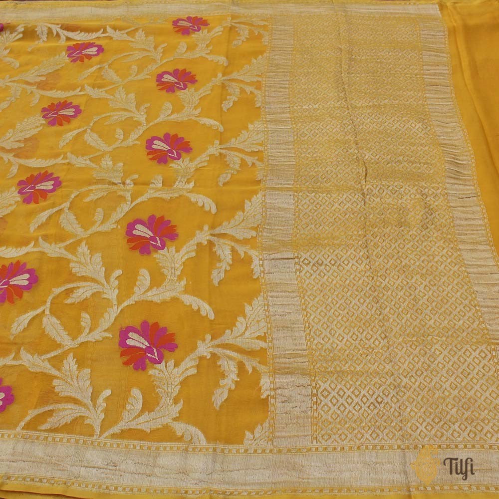 Yellow Pure Chiffon Georgette Banarasi Handloom Saree