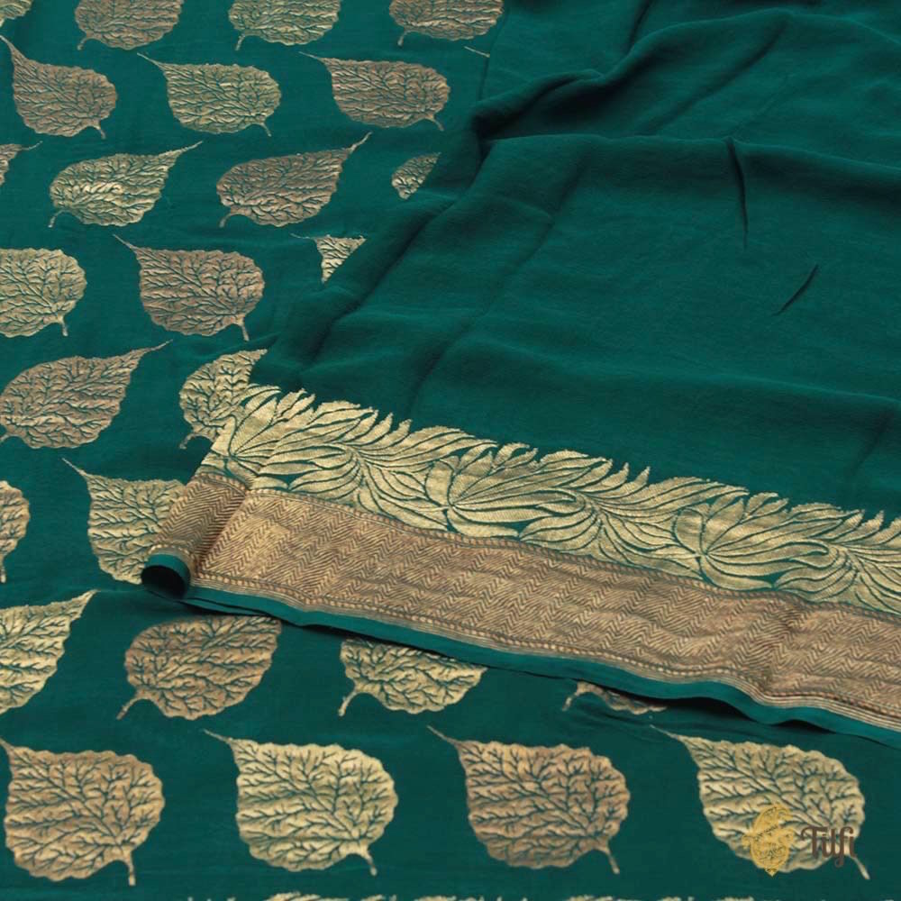 Emerald Green Pure Chiffon Georgette Banarasi Handloom Saree