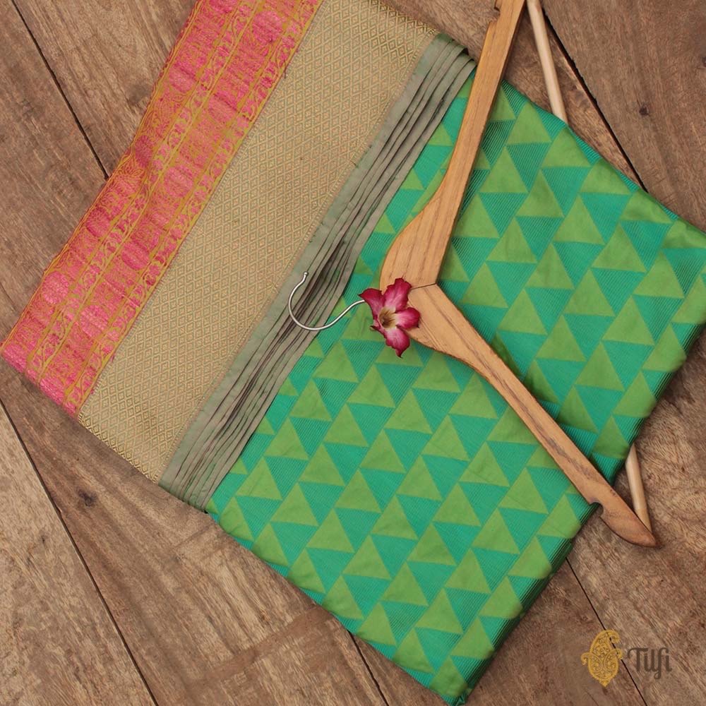Sea Green-Parrot Green Pure Katan Silk Banarasi Handloom Saree