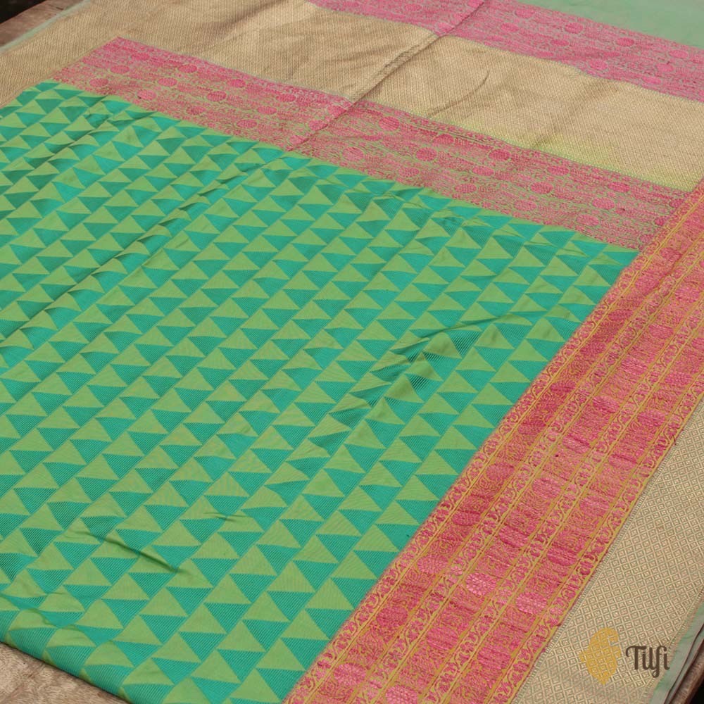 Sea Green-Parrot Green Pure Katan Silk Banarasi Handloom Saree