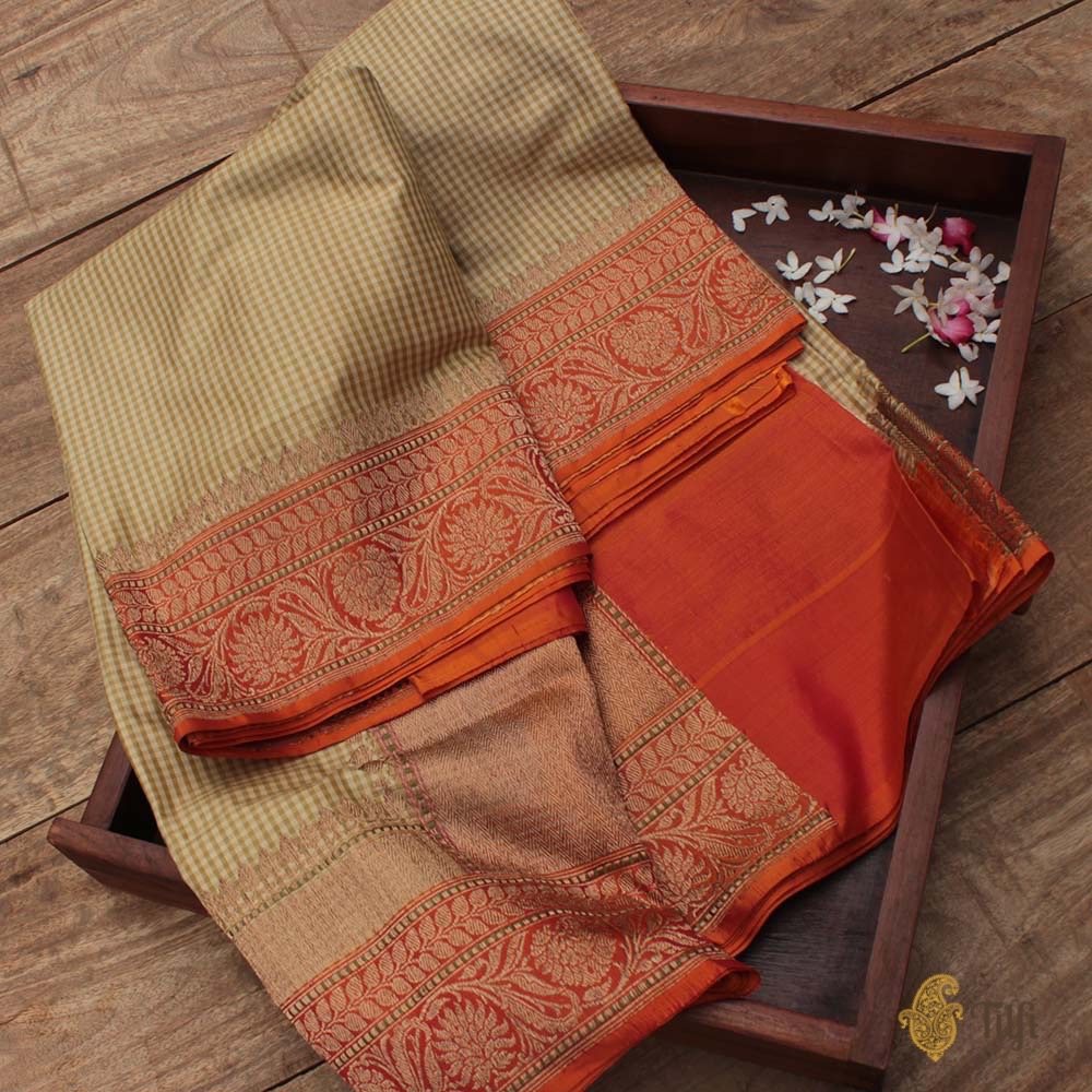 Cream-Beige Pure Katan Silk Banarasi Kadiyal Handloom Saree