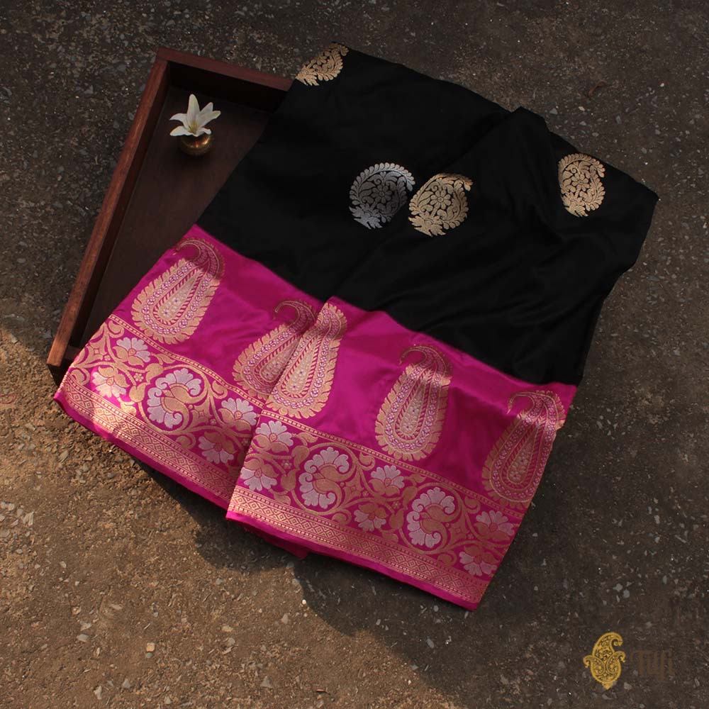 Black-Pink Pure Katan Silk Banarasi Handloom Saree