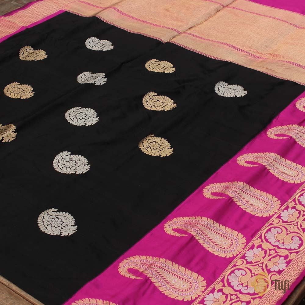 Black-Pink Pure Katan Silk Banarasi Handloom Saree