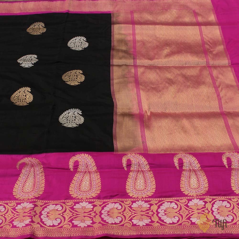 Black-Pink Pure Katan Silk Banarasi Handloom Saree