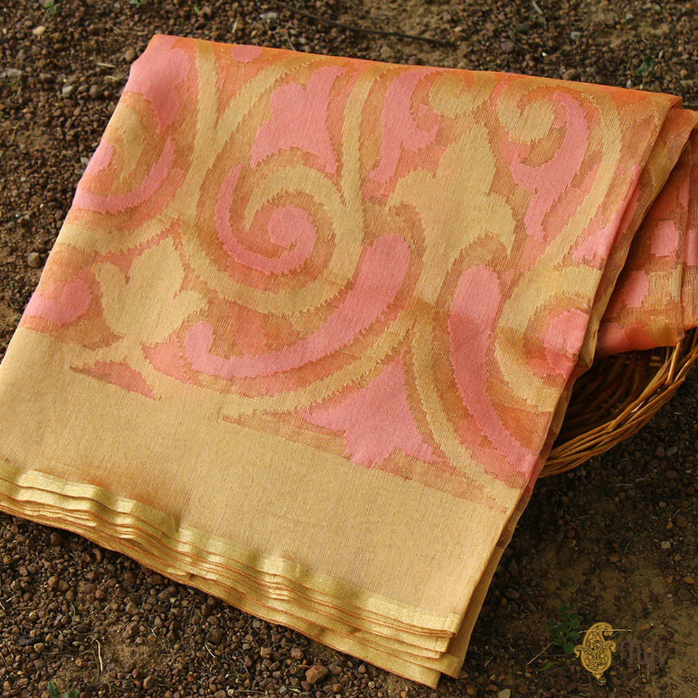 Pink Pure Kora Tissue Net Banarasi Handloom Saree