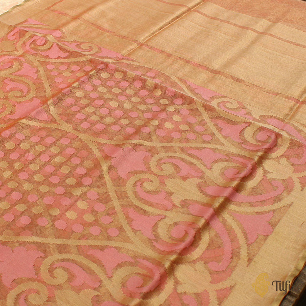 Pink Pure Kora Tissue Net Banarasi Handloom Saree