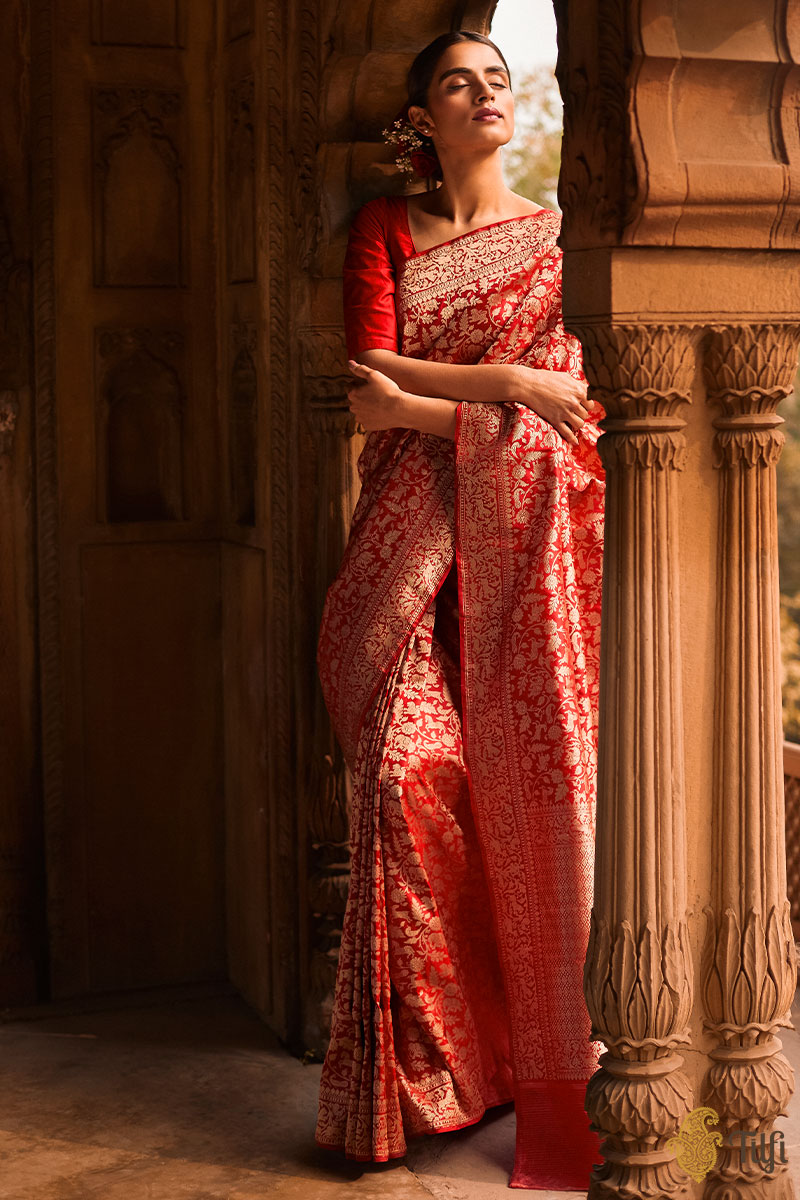 Roohi' Red Pure Katan Silk Banarasi Handloom Saree - Tilfi