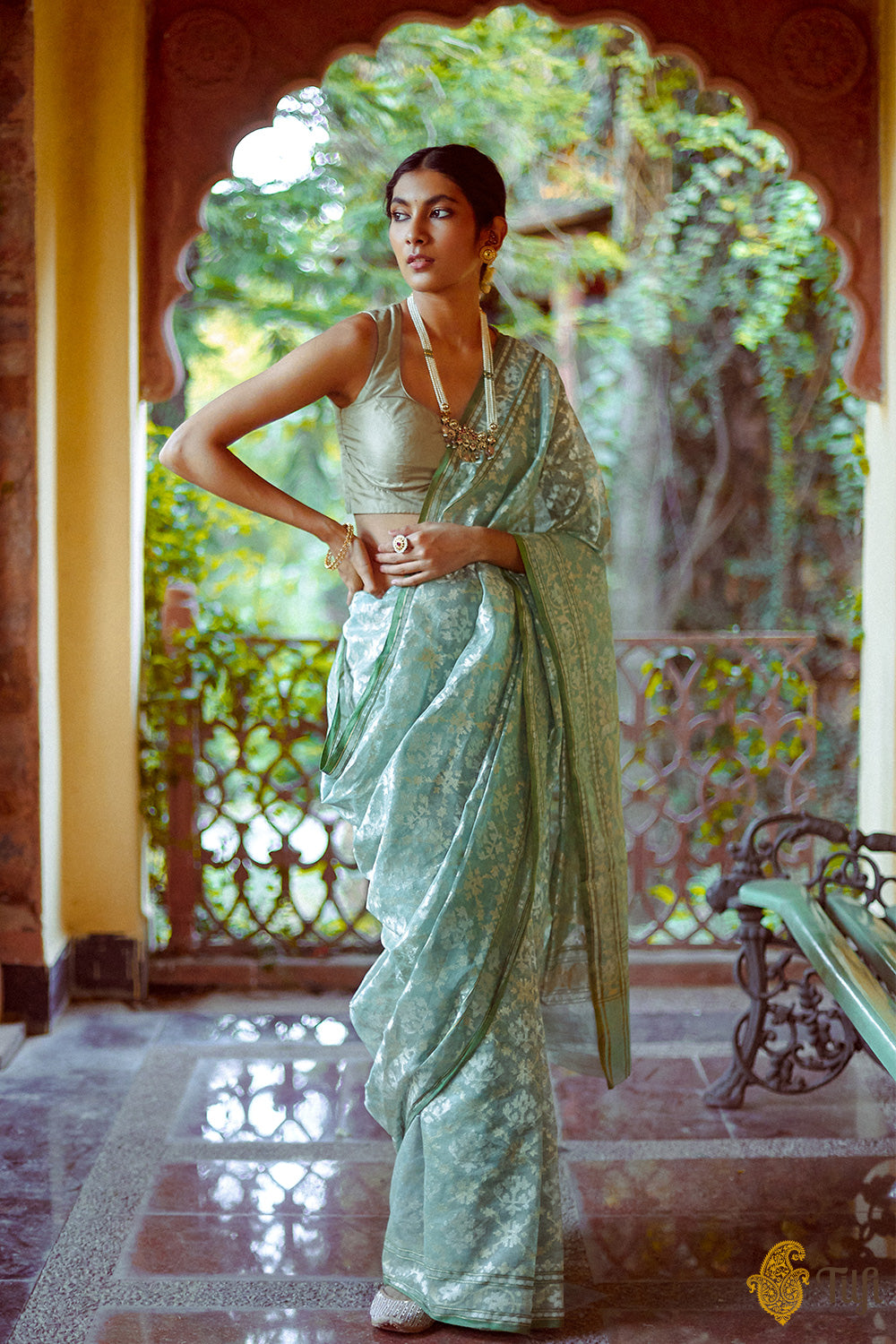 Blush Pink Zari Stripes Banarasi Silk Saree With Designer Blouse – STORI