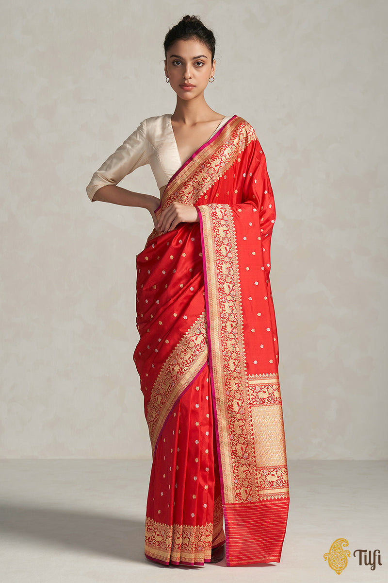 'Nayantara' Red Pure Katan Silk Banarasi Handloom Saree - Tilfi