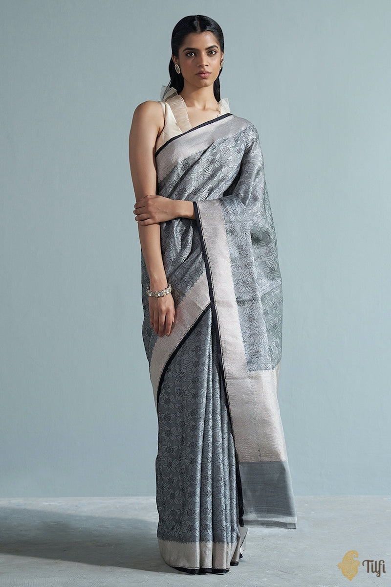 Grey Saree with Blue Border -Kalyani Cotton Saree -VS484
