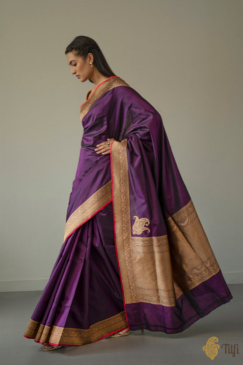 Black-Purple Pure Katan Silk Banarasi Handloom Saree