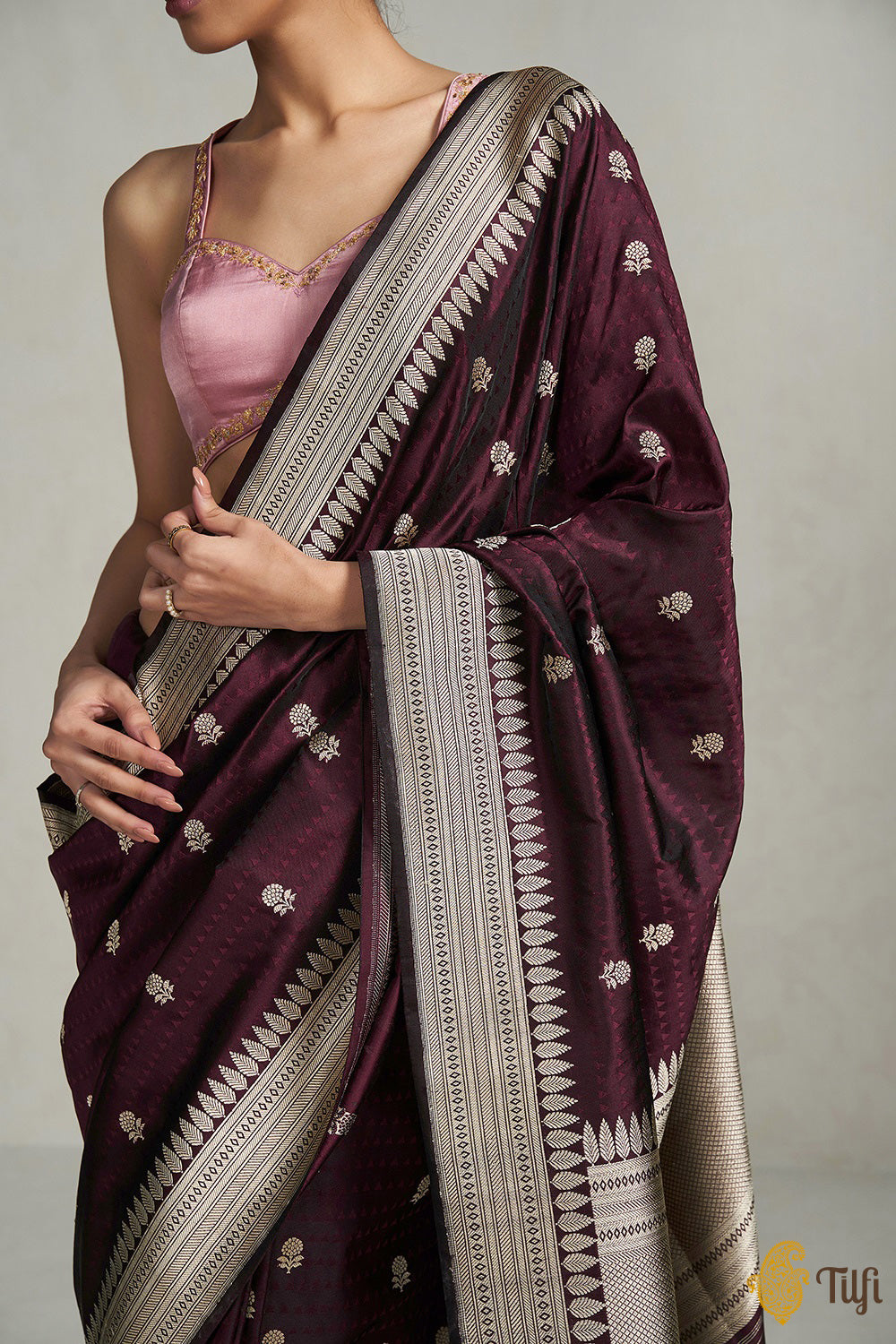 Chocolate Brown Designer Chiffon Brasso Saree with Foil Print