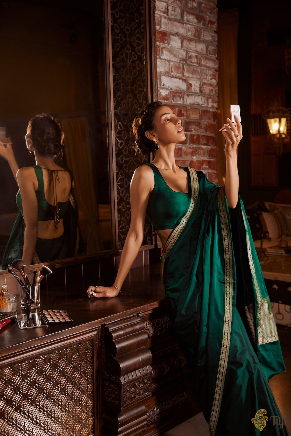 Pre-Order: 'Preshti' Deep Green Pure Soft Satin Silk Banarasi Handloom -  Tilfi