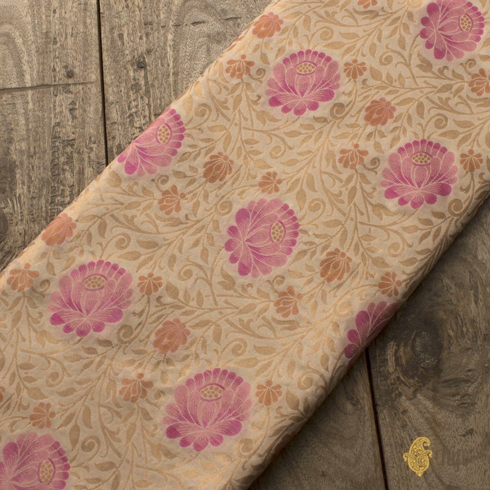 Off-White Pure Katan Silk Banarasi Handloom Fabric