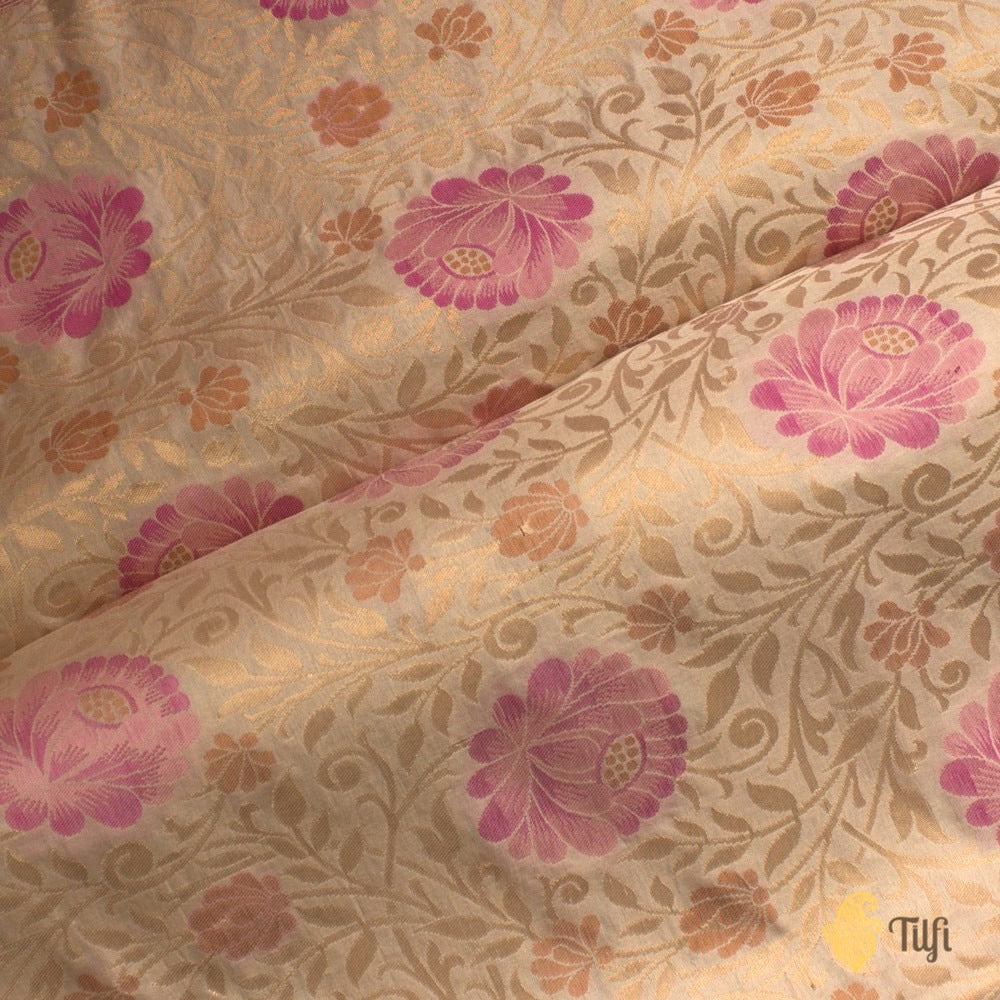 Off-White Pure Katan Silk Banarasi Handloom Fabric