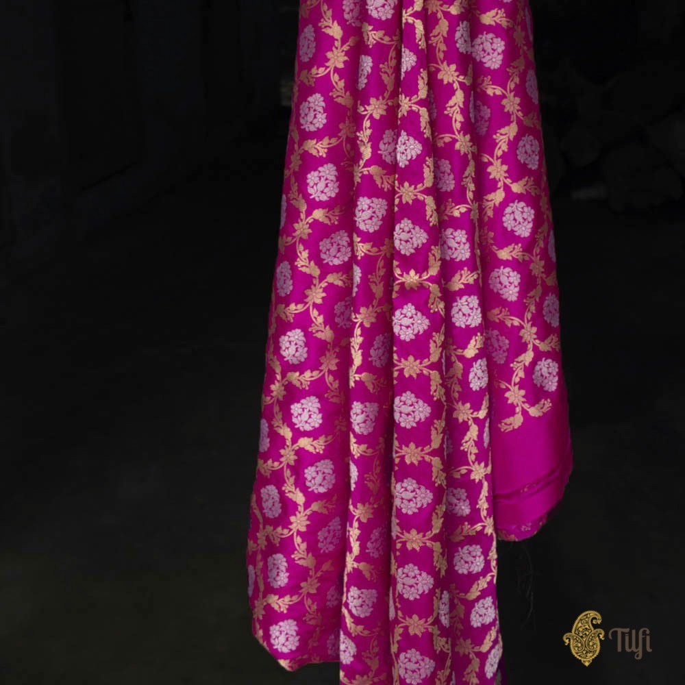 Rani Pink Pure Katan Silk Kadwa Banarasi Handloom Fabric