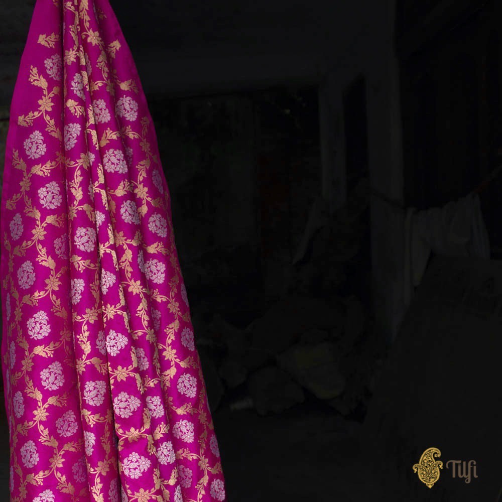 Rani Pink Pure Katan Silk Kadwa Banarasi Handloom Fabric