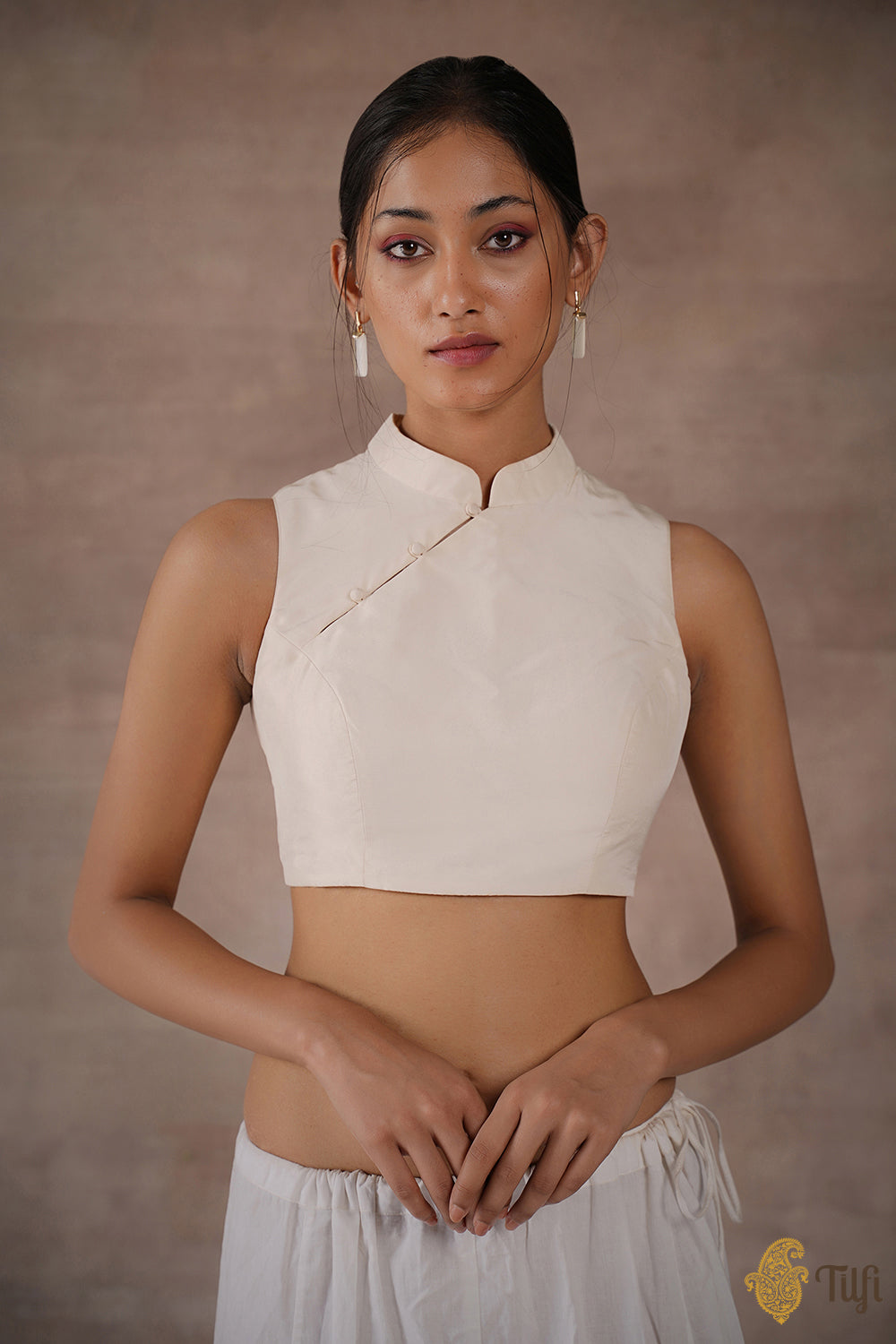 Off-White Mandarin Collar Pure Silk Blouse - Main Image